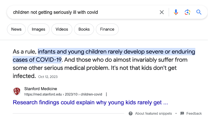 SERP for children not getting seriously ill with covid