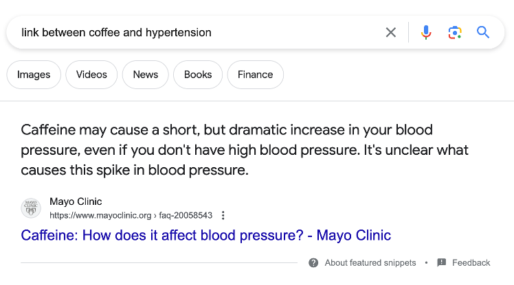 SERP for link between coffee and hypertension