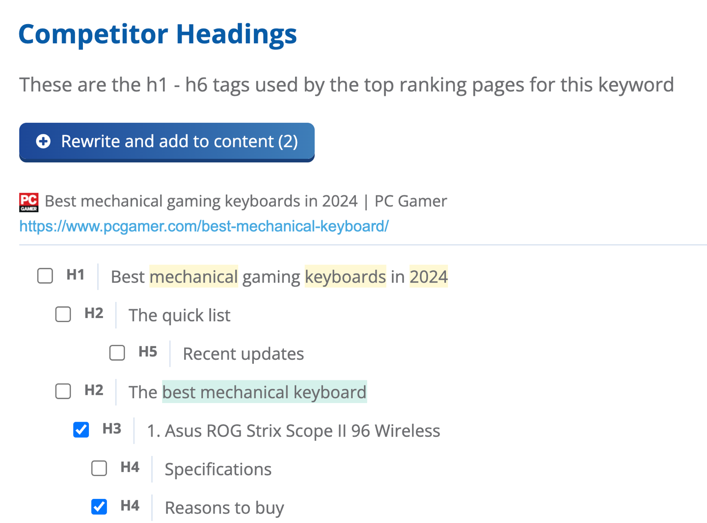 Dragon Metrics Content Writer competitor headings