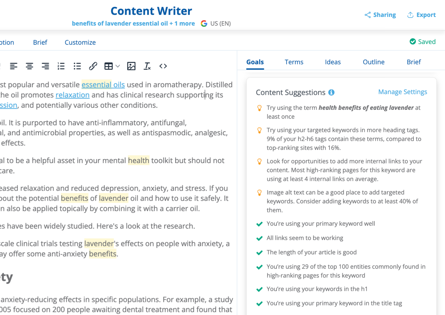 Dragon Metrics Content Writer content suggestions