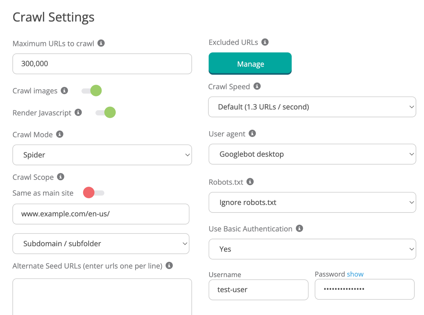 Dragon Metrics crawl settings