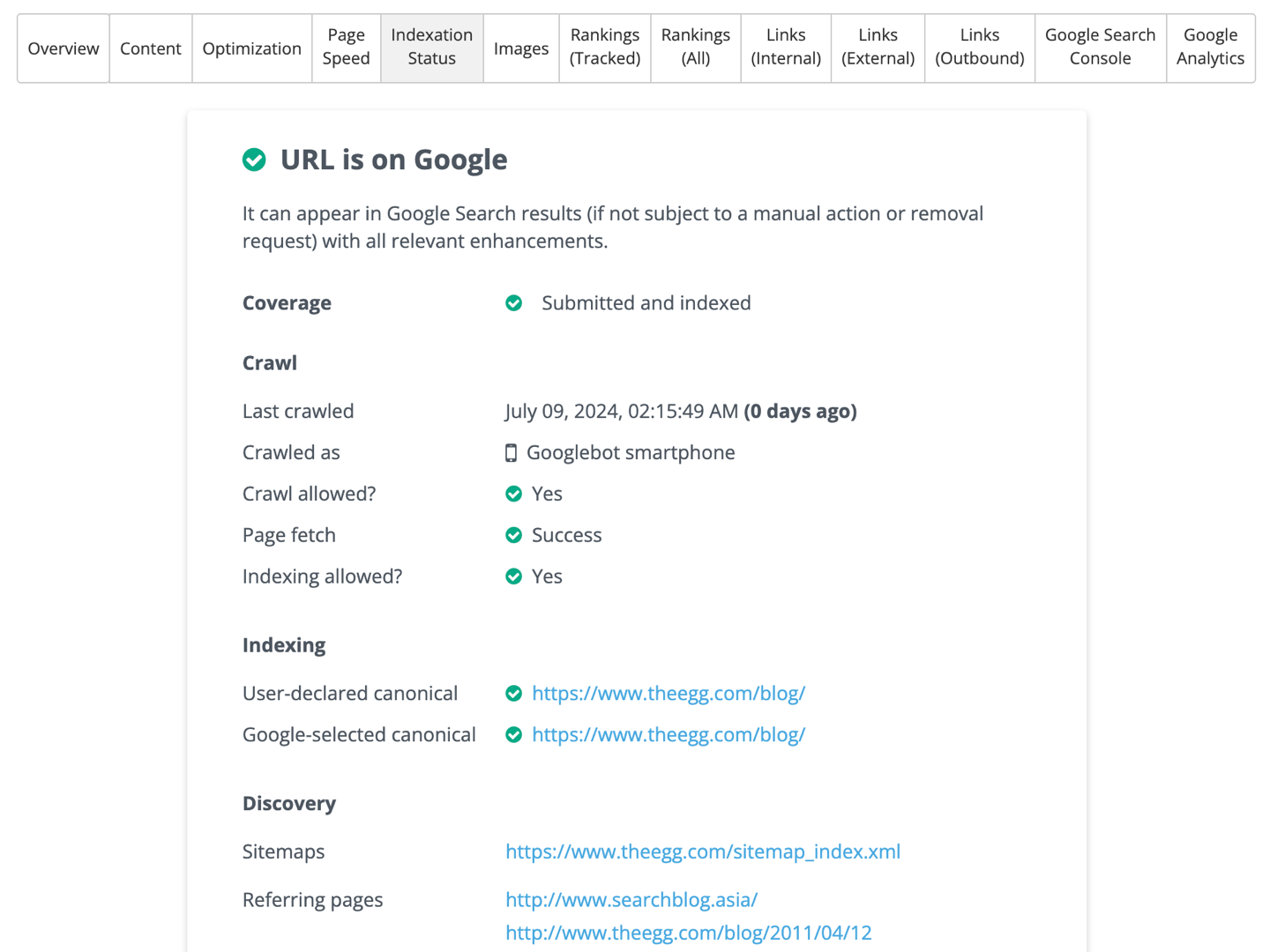 Dragon Metrics url xray indexation status